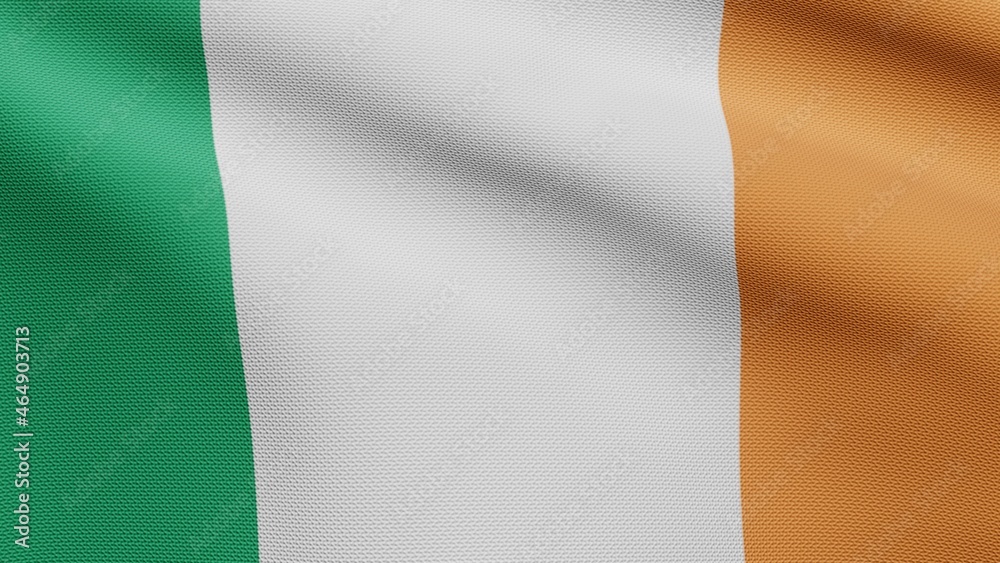 3D, Ireland flag waving on wind. Irish banner blowing soft silk.