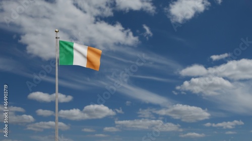 3D, Ireland flag waving on wind. Irish banner blowing soft silk.