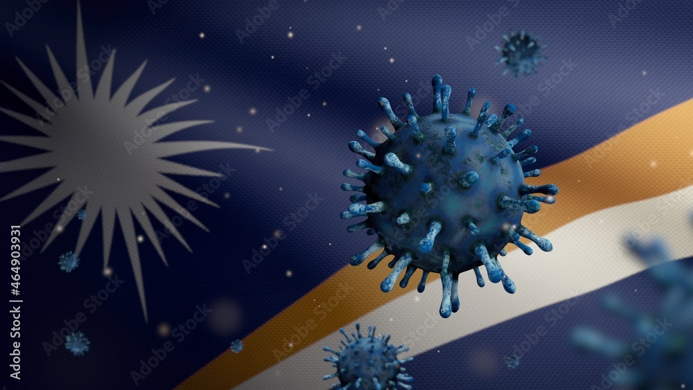 Fototapeta premium 3D, Flu coronavirus floating over Marshallese flag. Marshall pandemic Covid 19