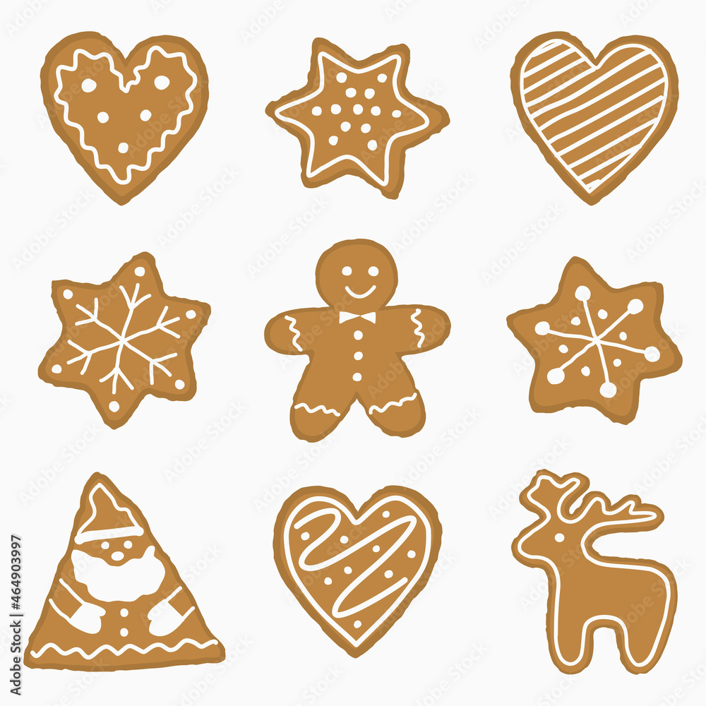 Set of Christmas cookies. There are stars, hearts, Santa Claus, a deer and a gingerbread man in the picture. Vector illustration Set of Christmas cookies. There are stars, hearts, Santa Claus, a deer and a gingerbread man in the picture. Vector illustration