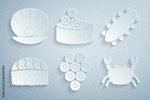 Set Caviar, Sea cucumber, Sushi, Crab, Tin can with caviar and Shell pearl icon. Vector