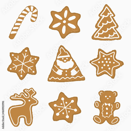 Set of Christmas cookies. There are stars, Santa Claus, Christmas tree, a deer and a gingerbread bear in the picture. Vector illustration