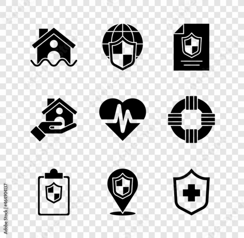 Set House flood, Shield with world globe, Contract shield, Document, Location, Health insurance, and icon. Vector