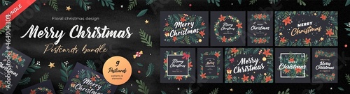 Set of Christmas and Happy New Year Floral Card templates. Trendy retro style. Vector design element.