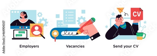 Apply for a job abstract concept vector illustration set. Employers and vacancies, CV abstract metaphor.