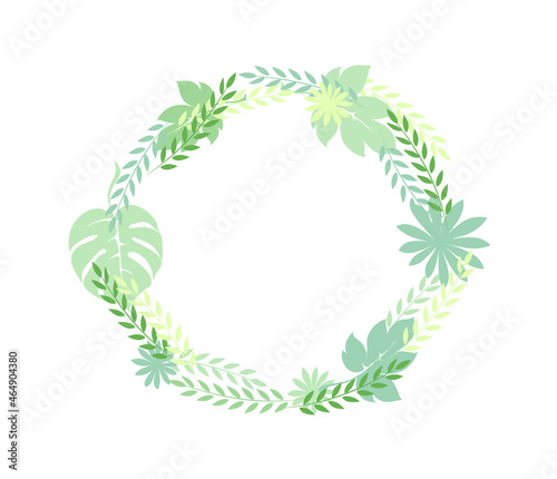 Leaves frame. Vector image. Border in light green tones consisting of different plant leaves. Background and photo frame.