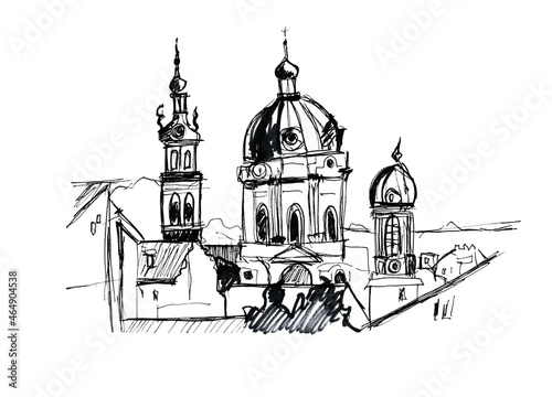 Church architecture view. Baroque. Marker and ink drawing, isolated on white background