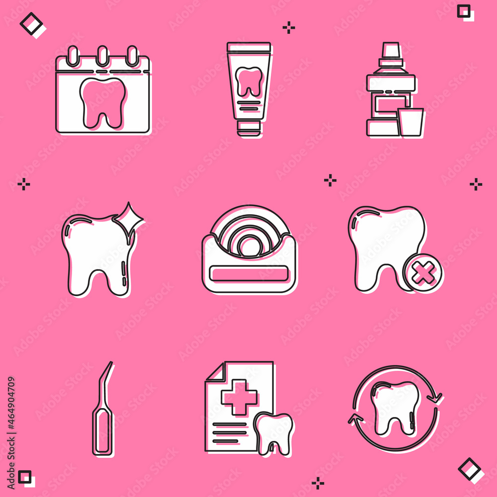 Set Calendar with tooth, Tube of toothpaste, Mouthwash bottle, Tooth whitening, Dental floss, caries, explorer scaler and card icon. Vector Set Calendar with tooth, Tube of toothpaste, Mouthwash bottle, Tooth whitening, Dental floss, caries, explorer scaler and card icon. Vector