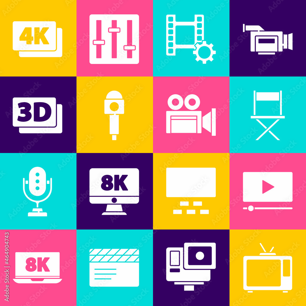 Set Retro tv, Online play video, Director movie chair, Play Video, Microphone, 3D word, 4k Ultra HD and Cinema camera icon. Vector