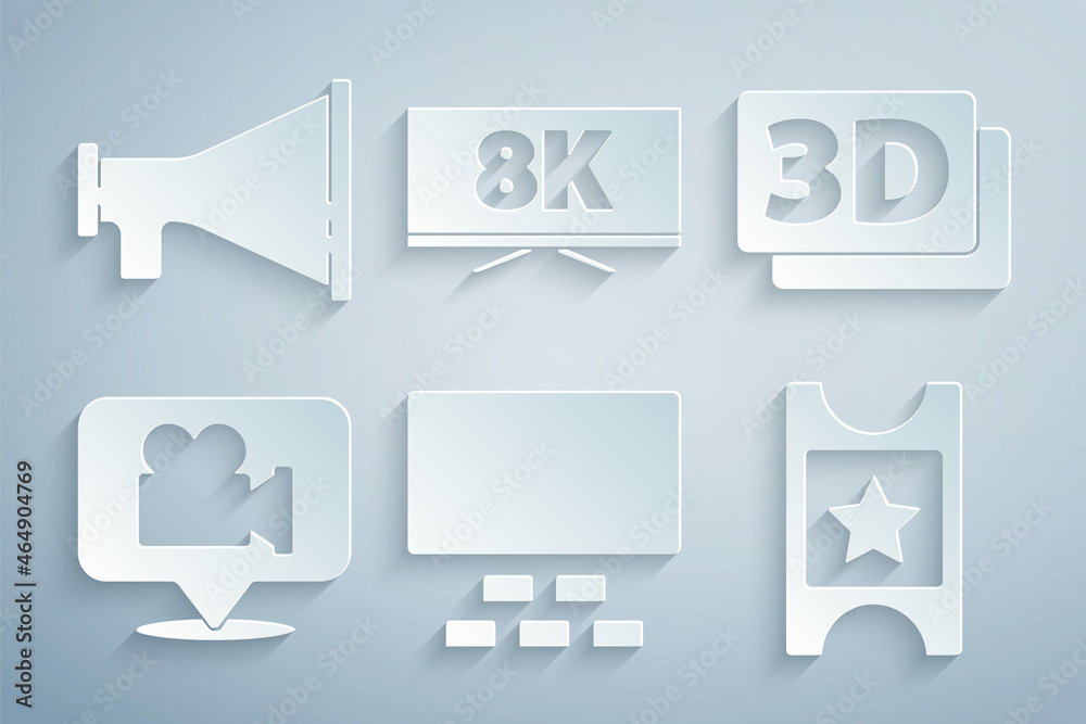 Set Cinema auditorium with seats, 3D word, Camera and location, ticket, Screen tv 8k and Megaphone icon. Vector Set Cinema auditorium with seats, 3D word, Camera and location, ticket, Screen tv 8k and Megaphone icon. Vector