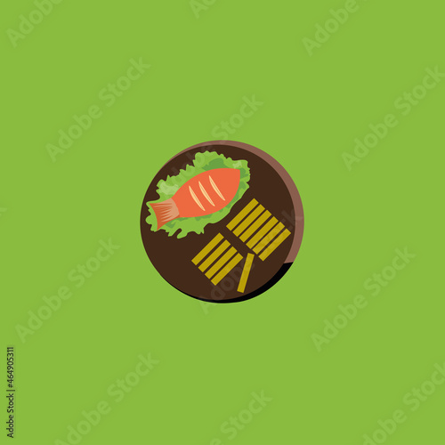 fish and french fries and salad with green background