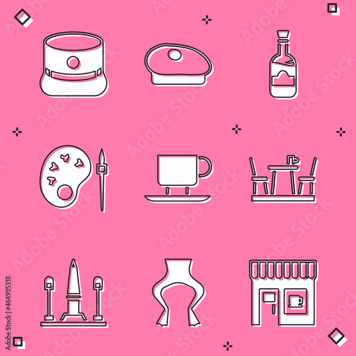 Set Kepi, French beret, Bottles of wine, Paint brush with palette, Coffee cup, cafe, Place De La Concorde and Frog legs icon. Vector