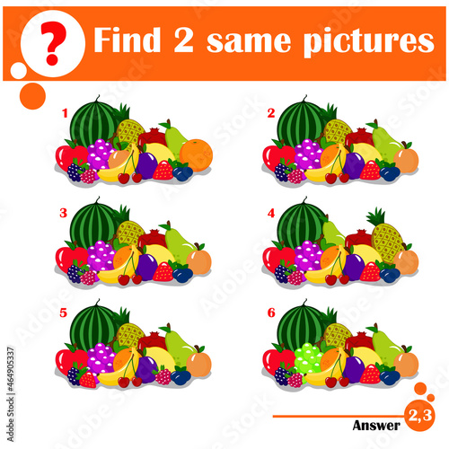 Fototapeta Naklejka Na Ścianę i Meble -  Match pairs. Visual game for kids. Find two identical images. Fruit set