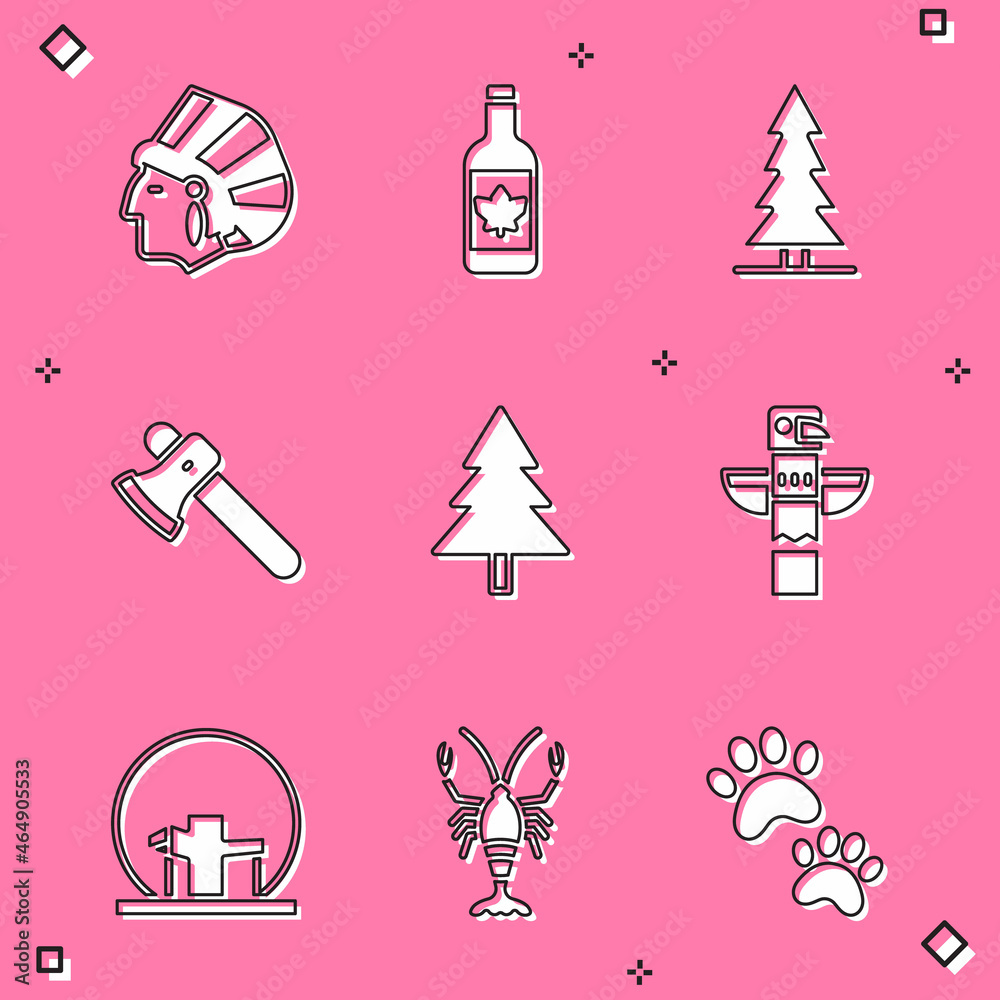 Set Native American Indian, Beer bottle, Canadian spruce, Wooden axe, Christmas tree, totem pole, Montreal Biosphere and Lobster icon. Vector Set Native American Indian, Beer bottle, Canadian spruce, Wooden axe, Christmas tree, totem pole, Montreal Biosphere and Lobster icon. Vector