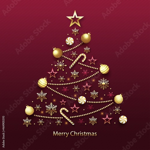 christmas tree made realistic golden decoration vector design illustration