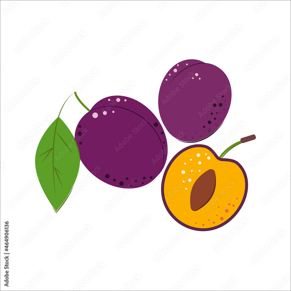 custom made wallpaper toronto digitalComposition of Plum Berry Whole and Cut One. Ripe juicy Berries with Green Leaves. Plum for jam and dessert. Flat style. Vector Illustration.