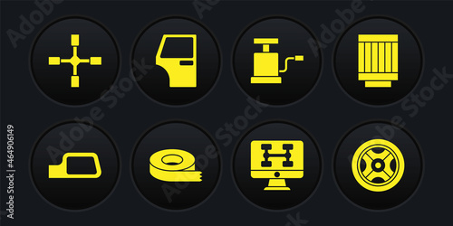 Set Car mirror, air filter, Scotch tape, Diagnostics condition of car, pump, door, wheel and Wheel wrench icon. Vector