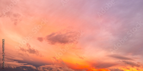 Panoramic landscape of bright sunrise sunset sky