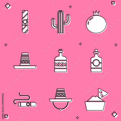 Set Cigar, Cactus, Tomato, Mexican sombrero, Tequila bottle, and icon. Vector