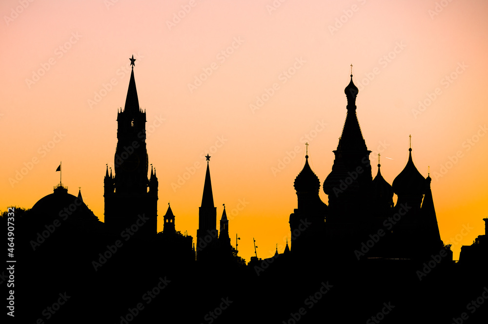 Beautiful dark silhouette of Moscow cityscape towers of Kremlin and Cathedral domes