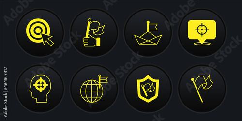 Set Head hunting, Target, Planet with flag, Shield, Folded paper boat, Hand holding, Flag and arrow icon. Vector
