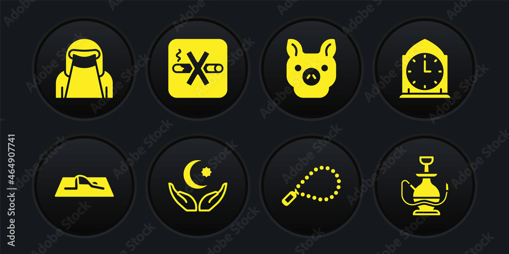 Set Muslim man prays, Clock, Star and crescent, Rosary beads religion, Pig, No Smoking, Hookah and woman niqab icon. Vector Set Muslim man prays, Clock, Star and crescent, Rosary beads religion, Pig, No Smoking, Hookah and woman niqab icon. Vector