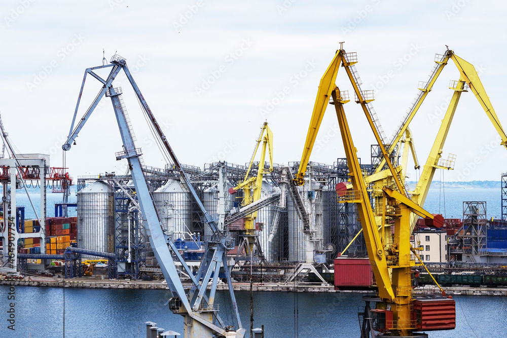 Port Cranes, Pier of Seaport. Container terminal. Sea trade port