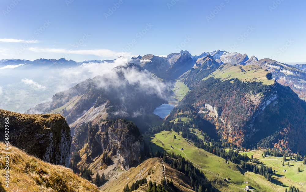 Panorama view from Hoher Kasten an the Alps peaks in Switzerland