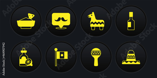 Set Tequila bottle with lemon, Tabasco sauce, Mexico flag, Maracas, Pinata, Mustache, Mexican sombrero and Nachos bowl icon. Vector