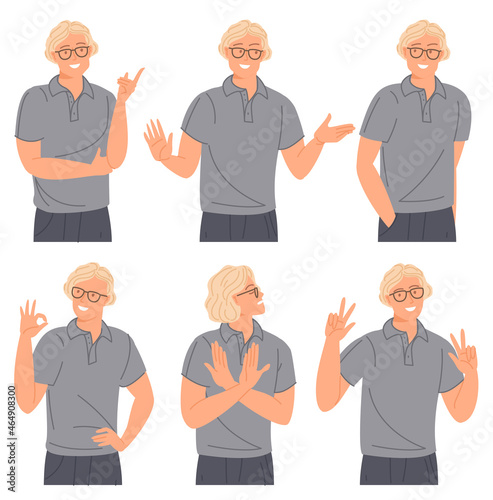 Young man c gesture set.
