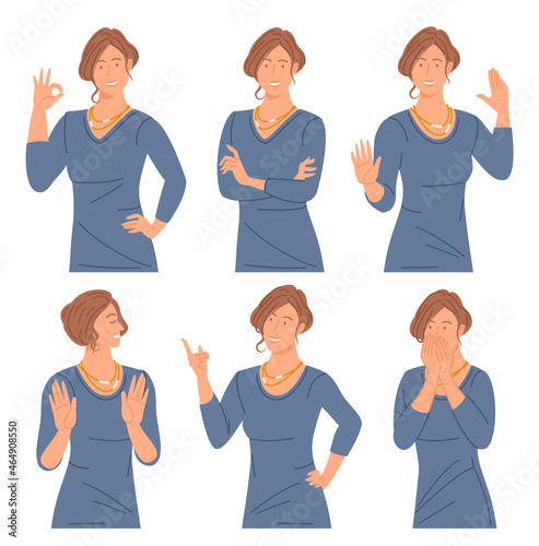 Young woman c gesture set.