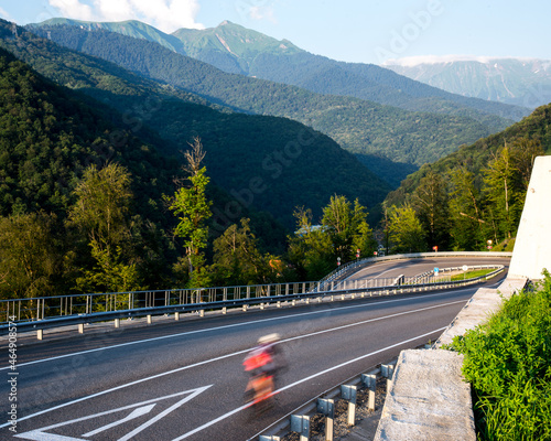 Cyclist in motion on a mountain road