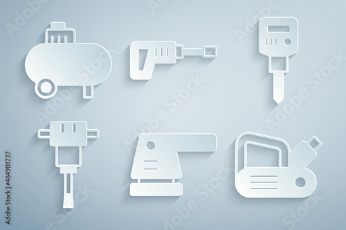 Set Electric sander, Construction jackhammer, planer tool, Rotary drill machine and Air compressor icon. Vector