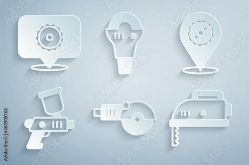 Set Angle grinder, Circular saw blade, Paint spray gun, Electric jigsaw, and icon. Vector