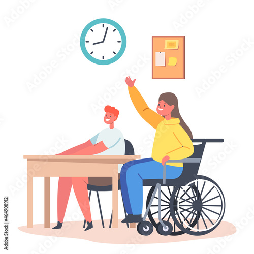 Disabled Girl in Wheelchair Sit at Desk with Healthy Classmate in Classroom Raising Hand. Handicapped Schoolgirl