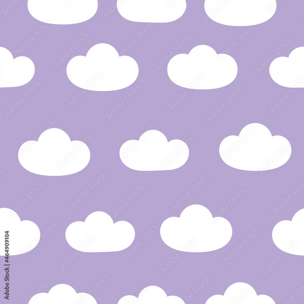 Childish seamless pattern with simple white clouds on purple background. Vector illustration.