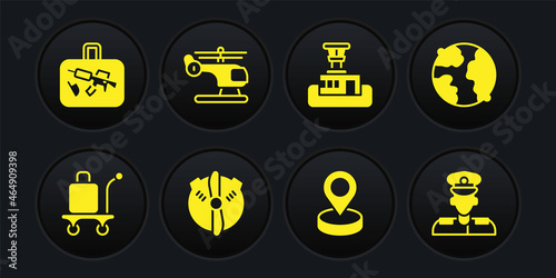 Set Trolley baggage, Worldwide, Plane propeller, Location, Airport control tower, Helicopter, Pilot and Suitcase icon. Vector