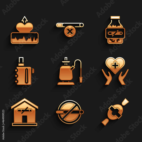 Set Hookah, No smoking, Candy, Heart with cross, at home, Electronic cigarette, Nicotine gum blister pack and Heartbeat increase icon. Vector