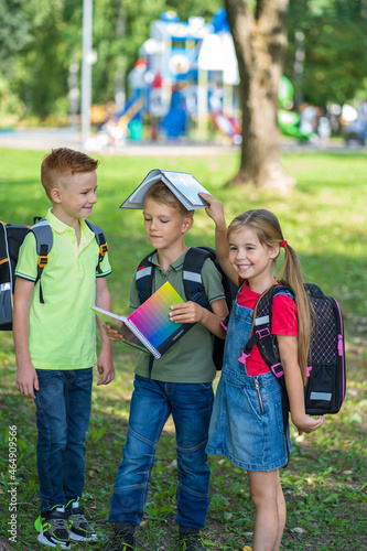 Cuadro en lienzo Schoolchildren stand in the park fooling around and discussing homework