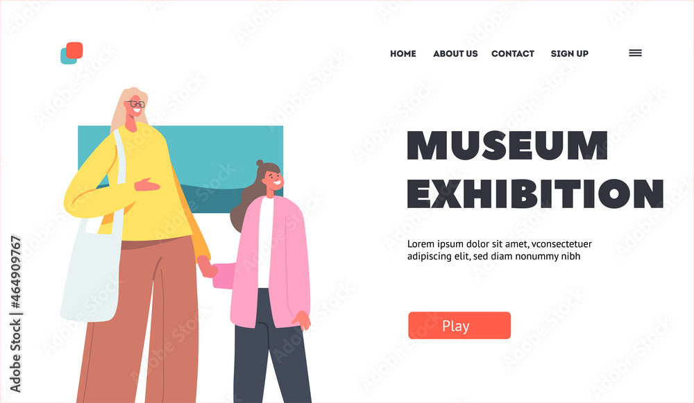 Museum Exhibition Landing Page Template. Mother and Daughter in Art Gallery, Woman with Girl Enjoy Watching Artwork