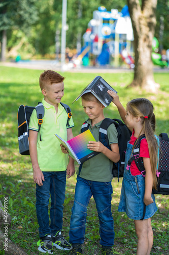 Cuadro en lienzo Schoolchildren stand in the park fooling around and discussing homework