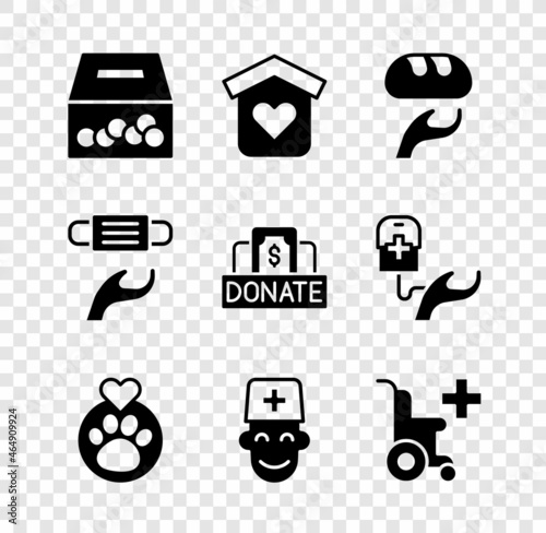 Set Donation and charity, Shelter for homeless, food, Heart with animals footprint, Male doctor, Wheelchair disabled person, Medical protective mask and icon. Vector