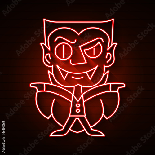 Vampire neon icon. Dracula Halloween character on brick wall background. Halloween concept. Vector illustration can be used for street wall signs