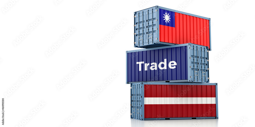 Shipping containers with Latvia and Taiwan flag. 3D Rendering 