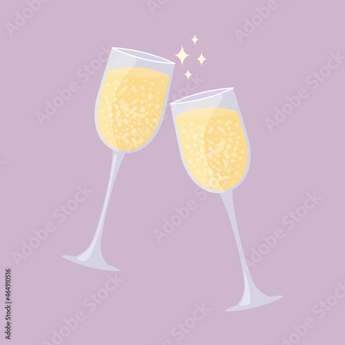 Two glasses of champagne clink. Sparkling wine isolated. Romantic date or holiday celebration. Vector illustration