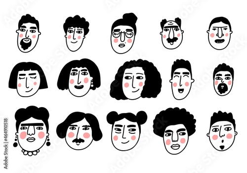 Doodle face. Caricature avatar set. Cartoon cute hipster persons. Vector illustrations photo