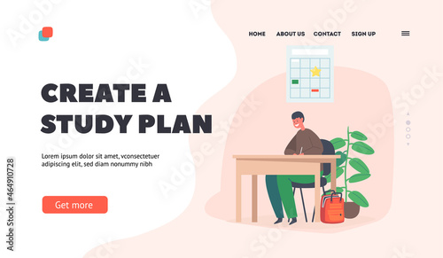 Create a Study Plan Landing Page Template. Kid Student Studying in School Classroom, Little Schoolboy Character at Desk