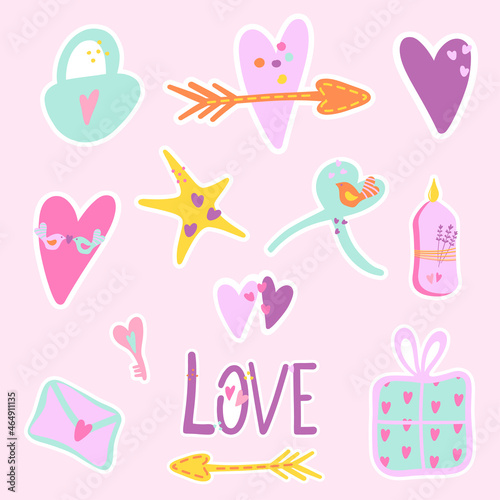 Love you hand-drawn sticker pack. Valentine's day sticker set. Romantic love set. Vector illustration. Cartoon style