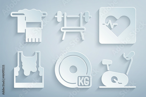 Set Weight plate, Heart rate, Sweaty sleeveless t-shirt, Stationary bicycle, Bench with barbell and Towel hanger icon. Vector