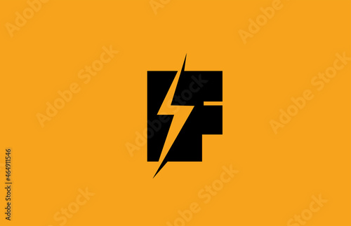 F black yellow alphabet letter logo icon. Electric lightning design for power or energy business